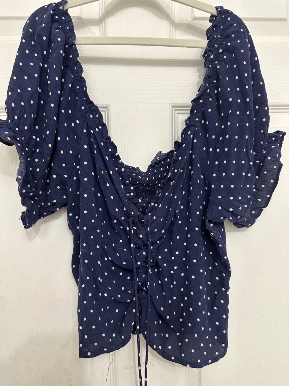 American Eagle Outfitters Navy Polka Dot Ruched Top